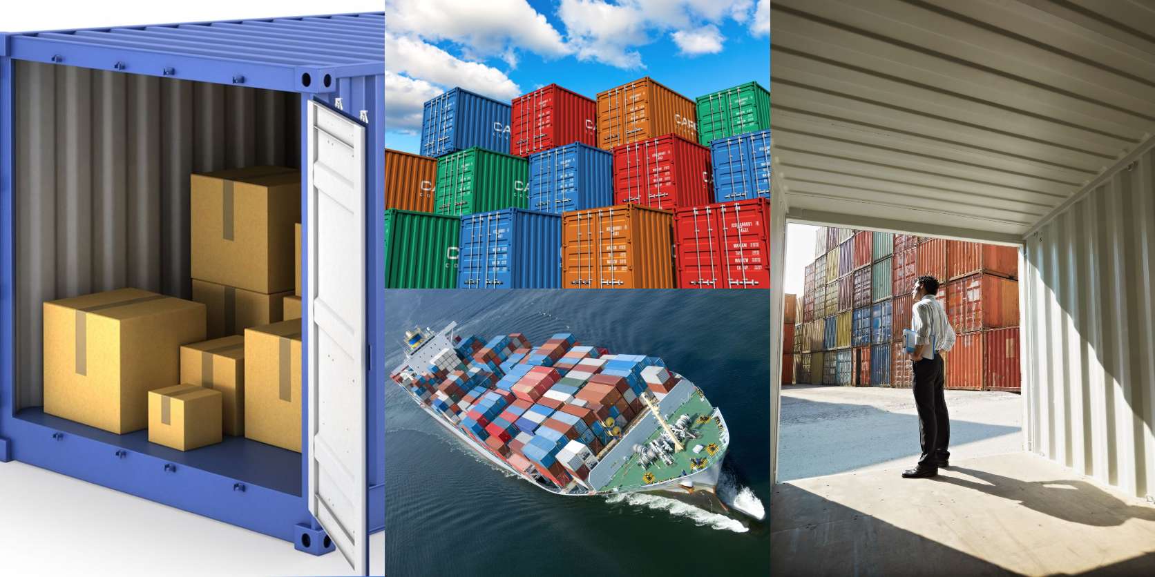 Geöffneter Container mit Umzugskartons; Containerstapel; Containerschiff; Mann in geöffnetem Container