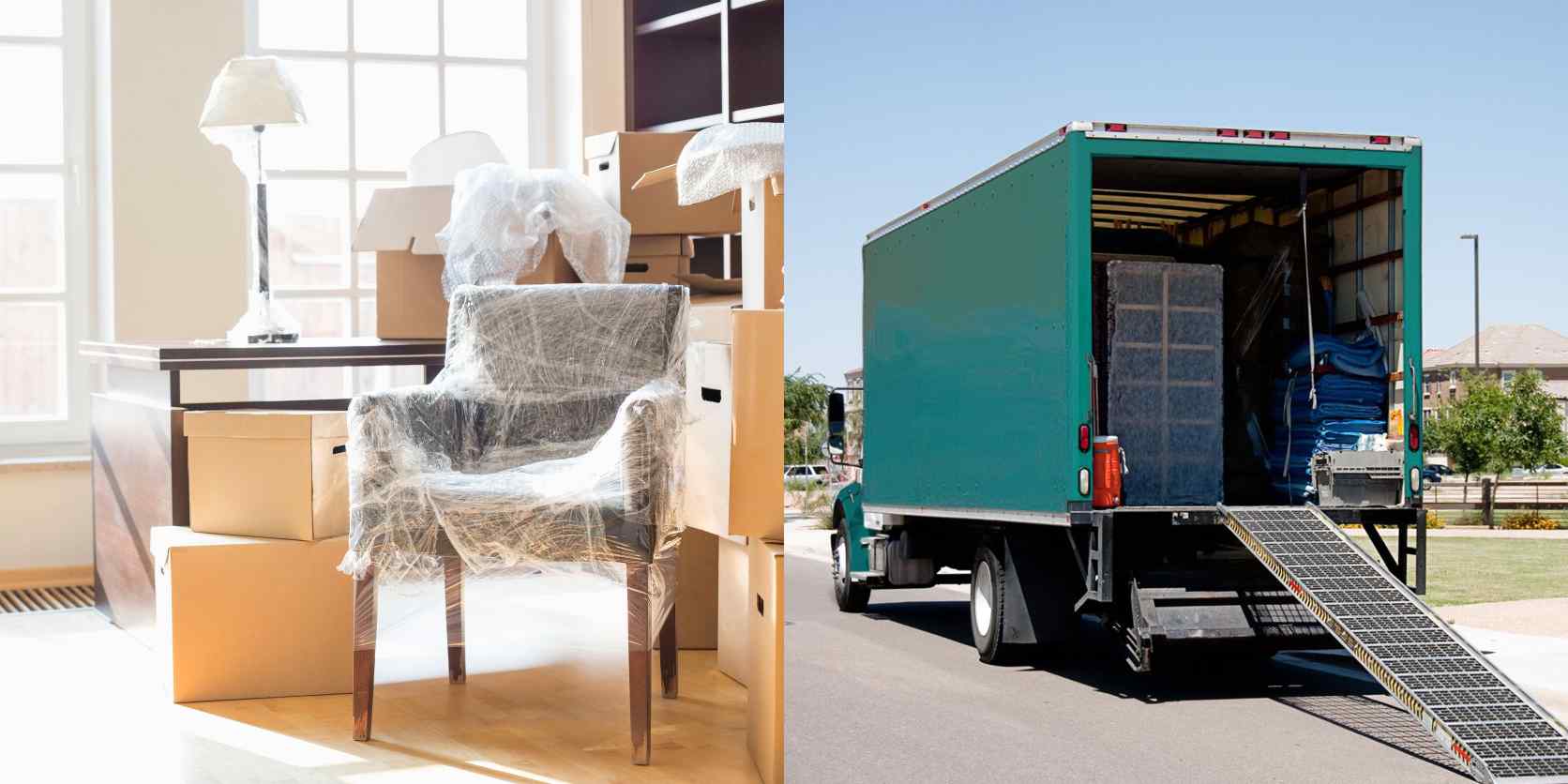 Möbel, eingeschlagen in Emballagen, Umzugskartons; LKW mit Rampe